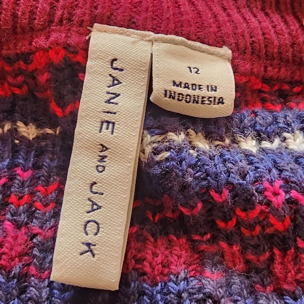 JANIE & JACK Kids Sweater Size 12 Red Blue Cotton Fair Isle V-Neck Long Sleeve - Picture 2 of 7
